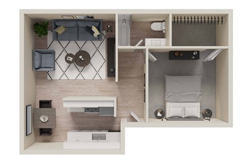 Floor plan for 1 bed, 1 bath, 698 sqft